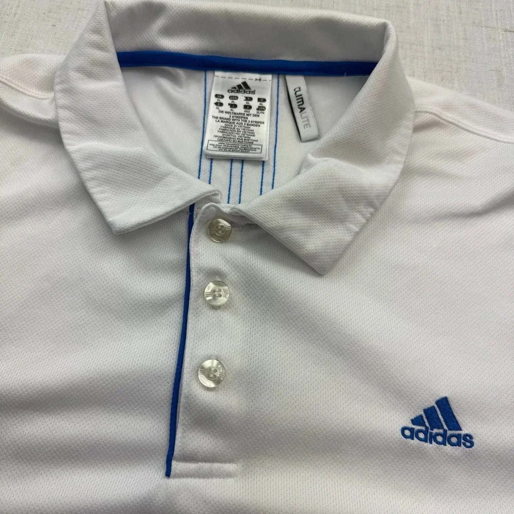 Adidas Climalite Polo Shirt Mens XL White Blue 3-Stripes Golf Sport Fisherman
